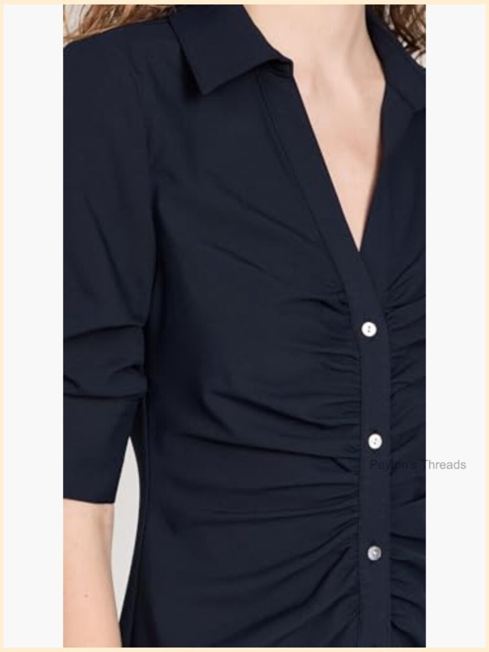 Navy Sheath Dress with Button Front and Collar Neck, 3/4 Sleeve - Picture 6 of 6